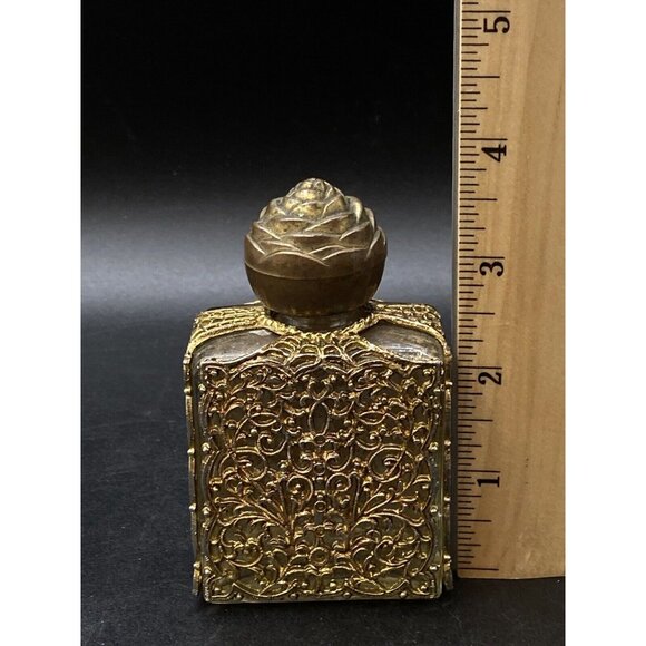 Glass Lalique Perfume Bottle Ornate Brass Metal Gold Toned Cover Holy Water - Picture 6 of 8